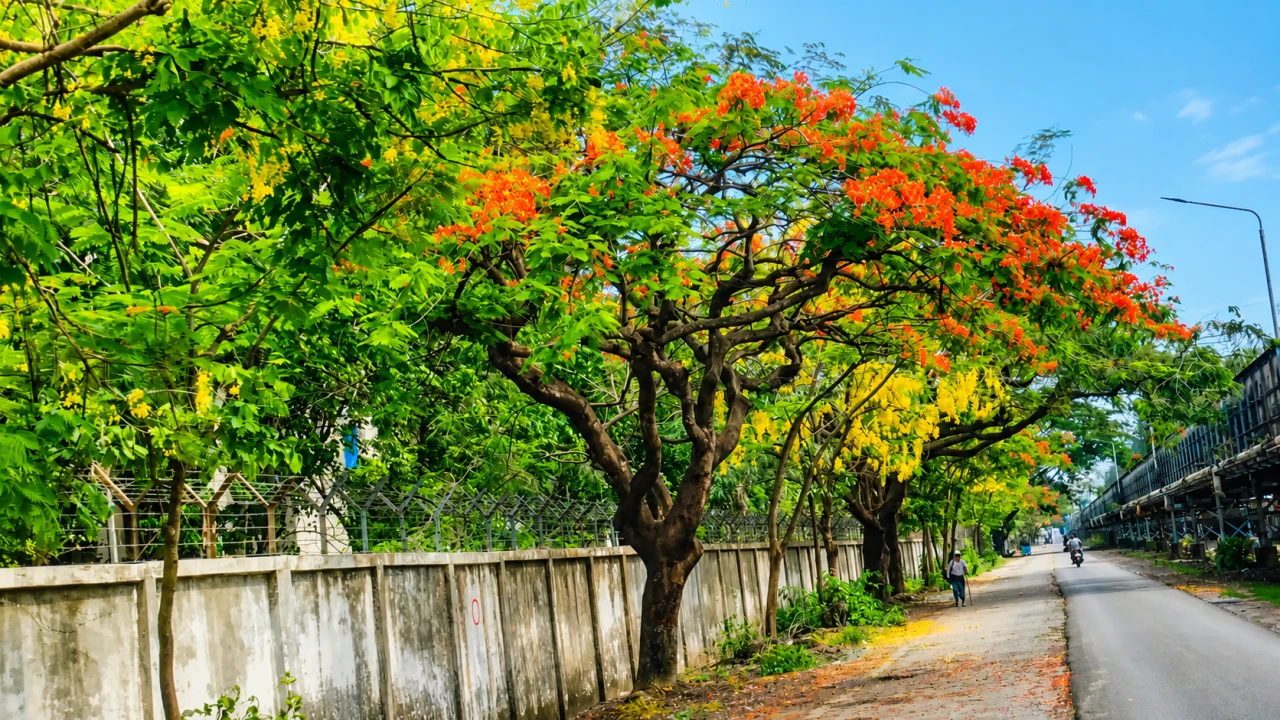 কৃষ্ণচূড়া-সোনালুর লাল-হলুদের রঙে সেজেছে সিইউএফএল সড়ক